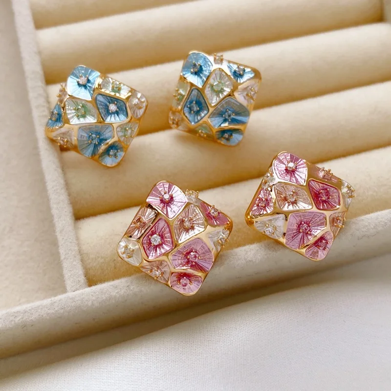 

Hot-Selling Colorful Geometric Patchwork Zircon Earrings Women Light Luxury High-End Elegant Versatile Niche Design Studs