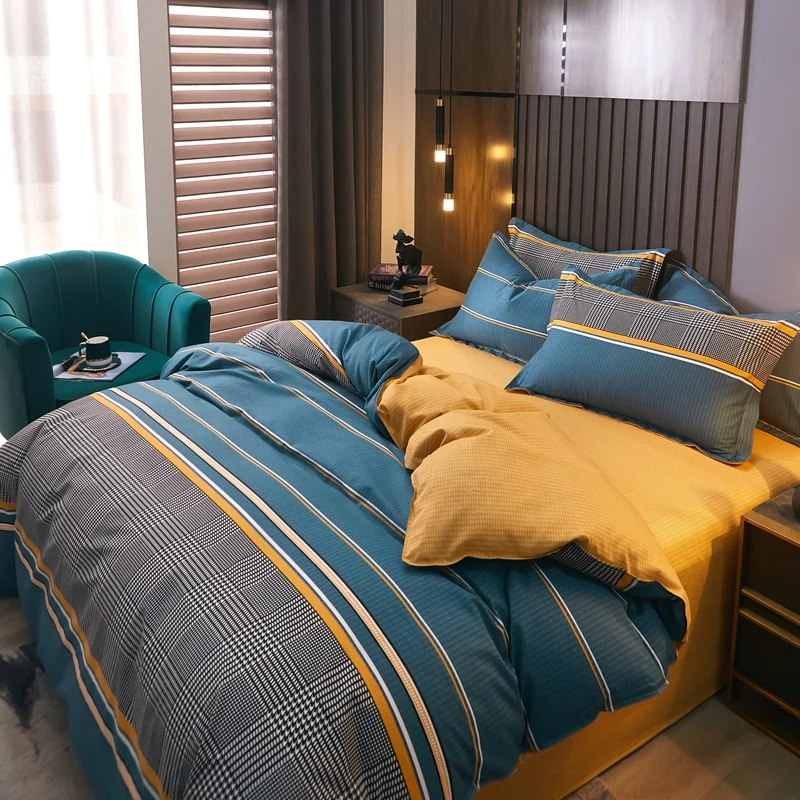 3pcs Dark Blue Striped Style Duvet Cover Set for Boy Geometric Pattern Luxury Hotel Room Decor 100% Cotton Skin-friendly Bedding