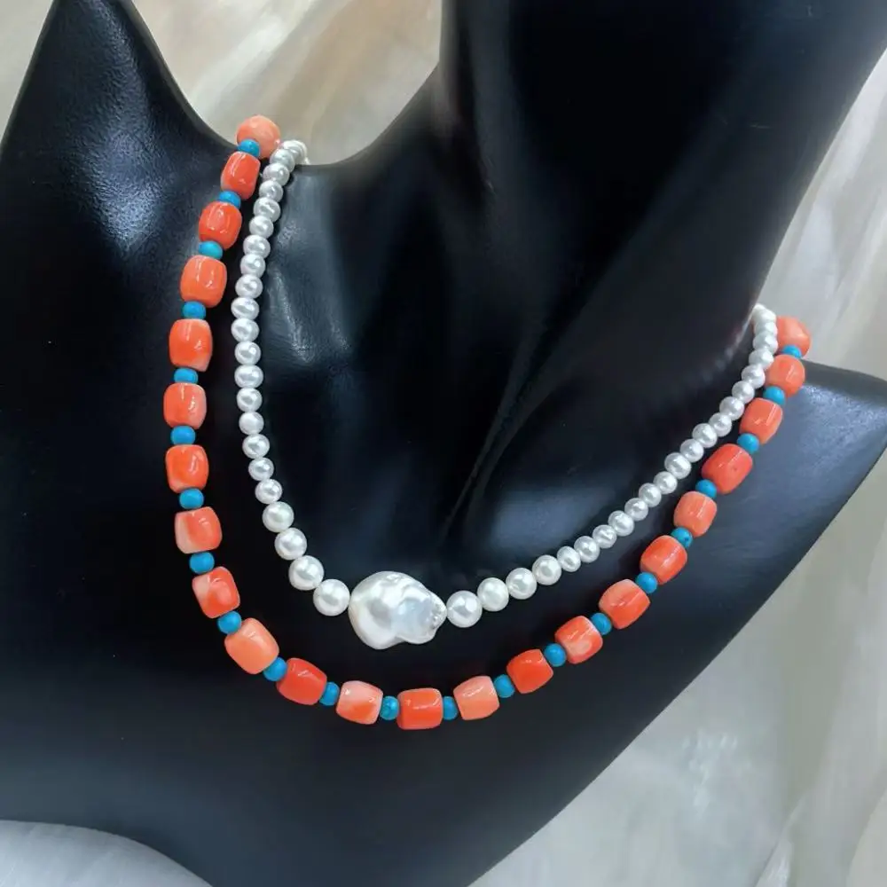 White Genuine Freshwater Pearl  Jewelry Natural Sea Bamboo Orange Drum Coral Chokers Necklace