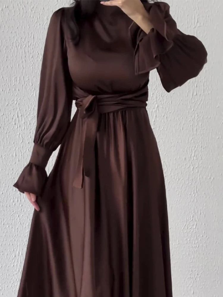 Eid Muslim Party Dress for Women Lotus Leaf Sleeve Satin Bandage Ramadan Abaya Long Dress Belt Vestidos Largo Robe Jalabiya 2024