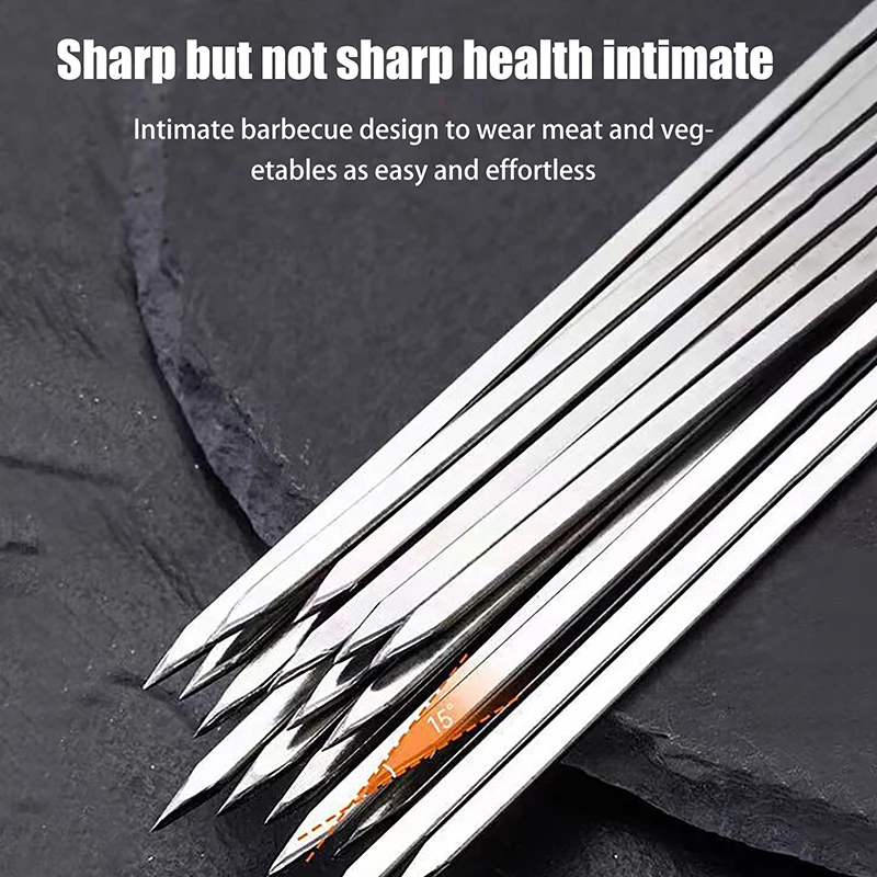 10Pcs Silver Stainless Steel Barbecue Skewer Reusable Grill Sticks BBQ Fork BBQ Utensil Kitchen Outdoor Camping Tool