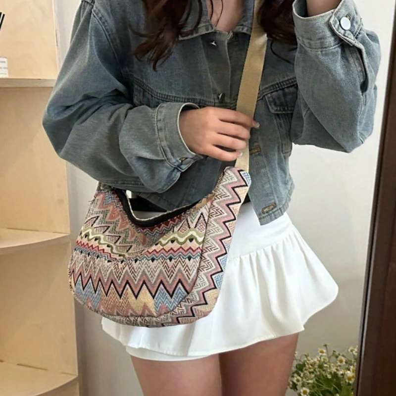 Stylish Foldable Canvas Shoulder Bag - Adjustable Strap, Stitched Embroidery, Spacious Interior - Perfect for Daily Use