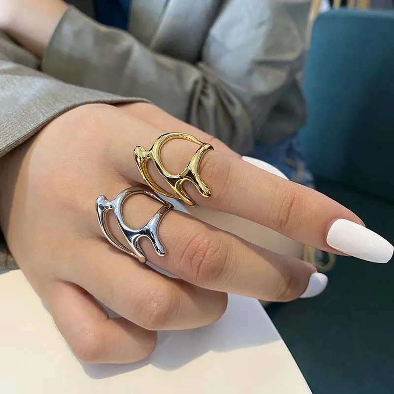 Punk Geometric Irregular Liquid Lava Waterdrop Shaped Open Rings For Women Vintage Silver Color Metal Rings Personality Jewelry