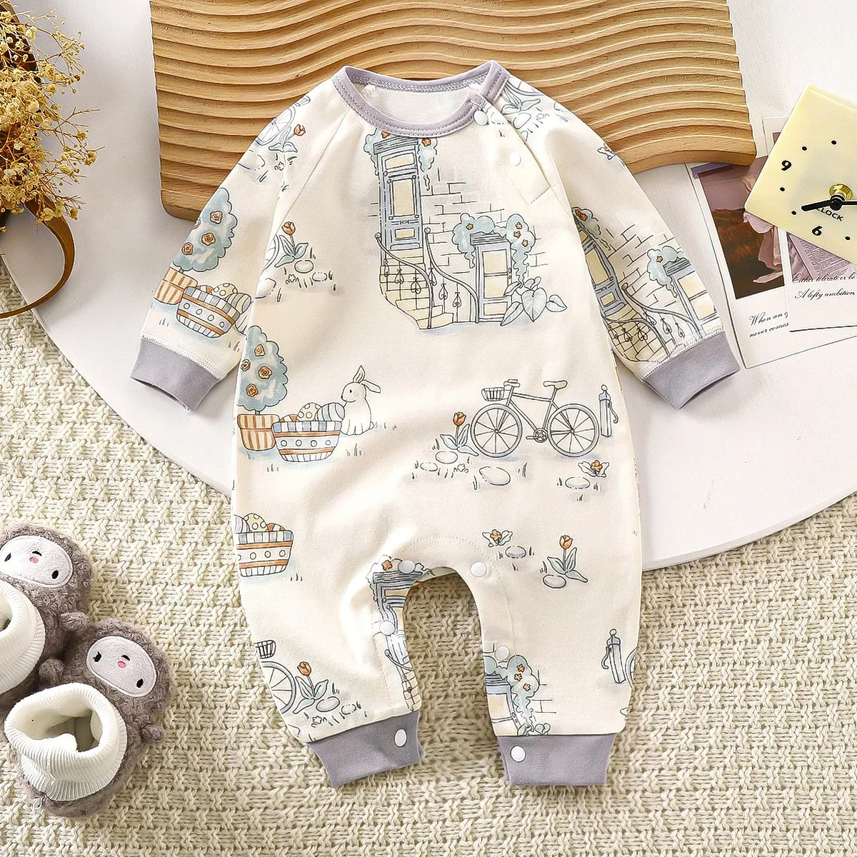 Autumn Newborn Baby Pure Cotton Romper Long Sleeve Cute Cartoon Print Casual Rompers Toddler Playsuit Infant One-piece Clothing