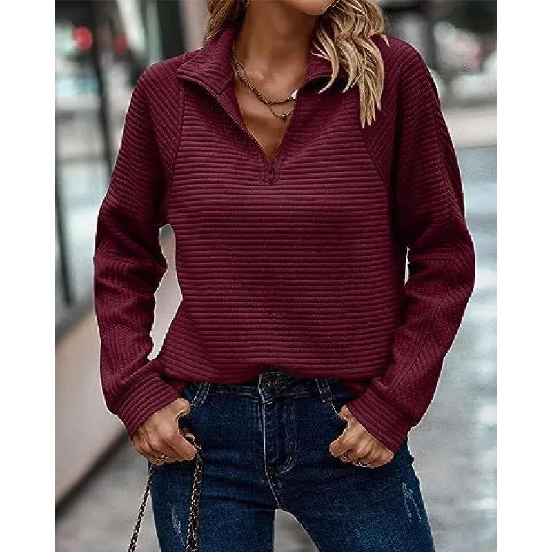 2023 New Autumn and Winter Fashion Knitwear Zippered Sports Women's Casual Long Sleeved Solid V-neck Loose Pullover Sweater