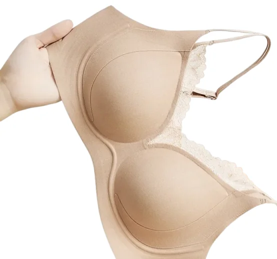 

KUCLUTFrench Lace Seamless Women's Underwear Adjustable Wirefree Thin Fixed Cup Bra Comfortable Gathered Breathable Nylon Fabric