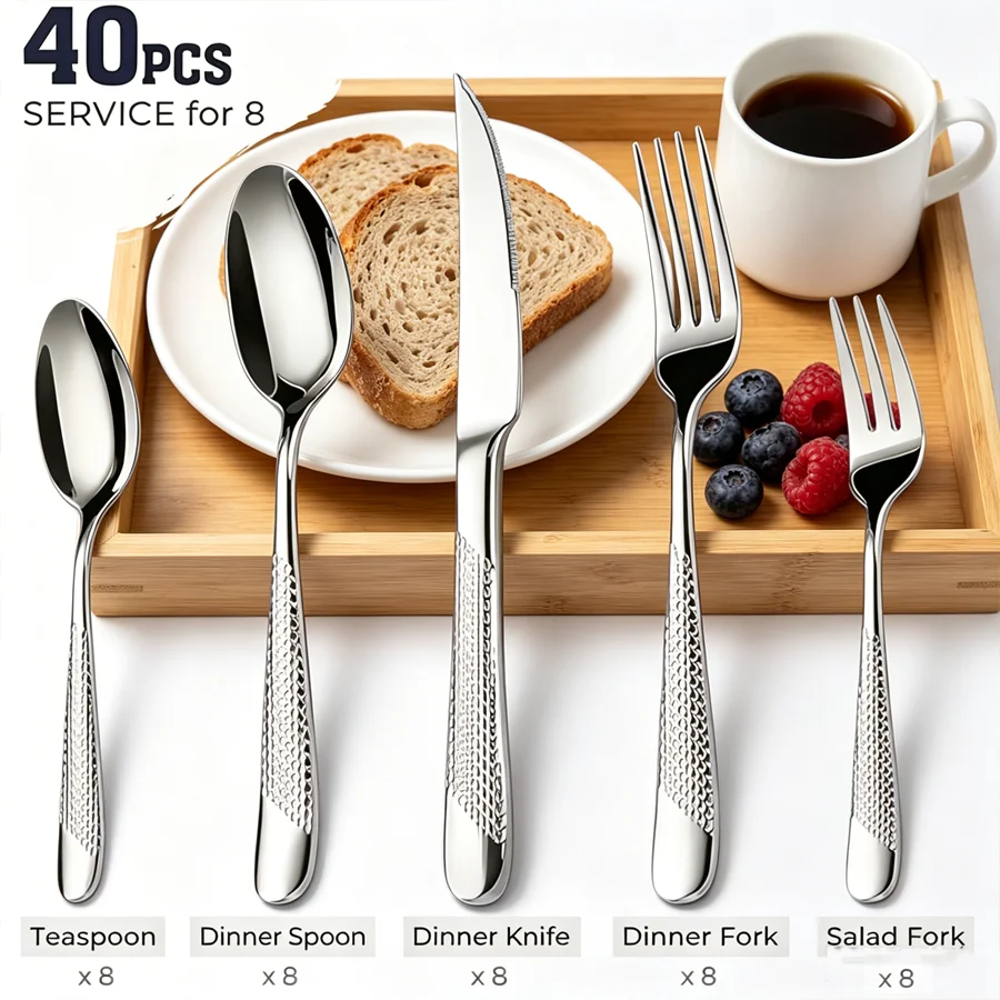 40-Piece Stainless Steel Cutlery and Silverware Set, Including Knife, Fork, Spoon, Dessert Fork, and Dessert Spoon. Dishwasher S