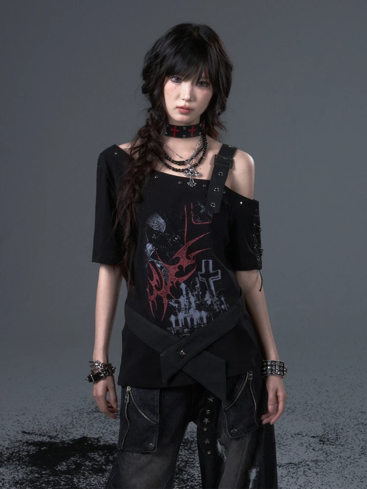 Frustration Garden Original Punk Subculture Printing Short Off Shoulder Sleeve Sashes Loose Casual Tshirt Summer Tee Tops Women