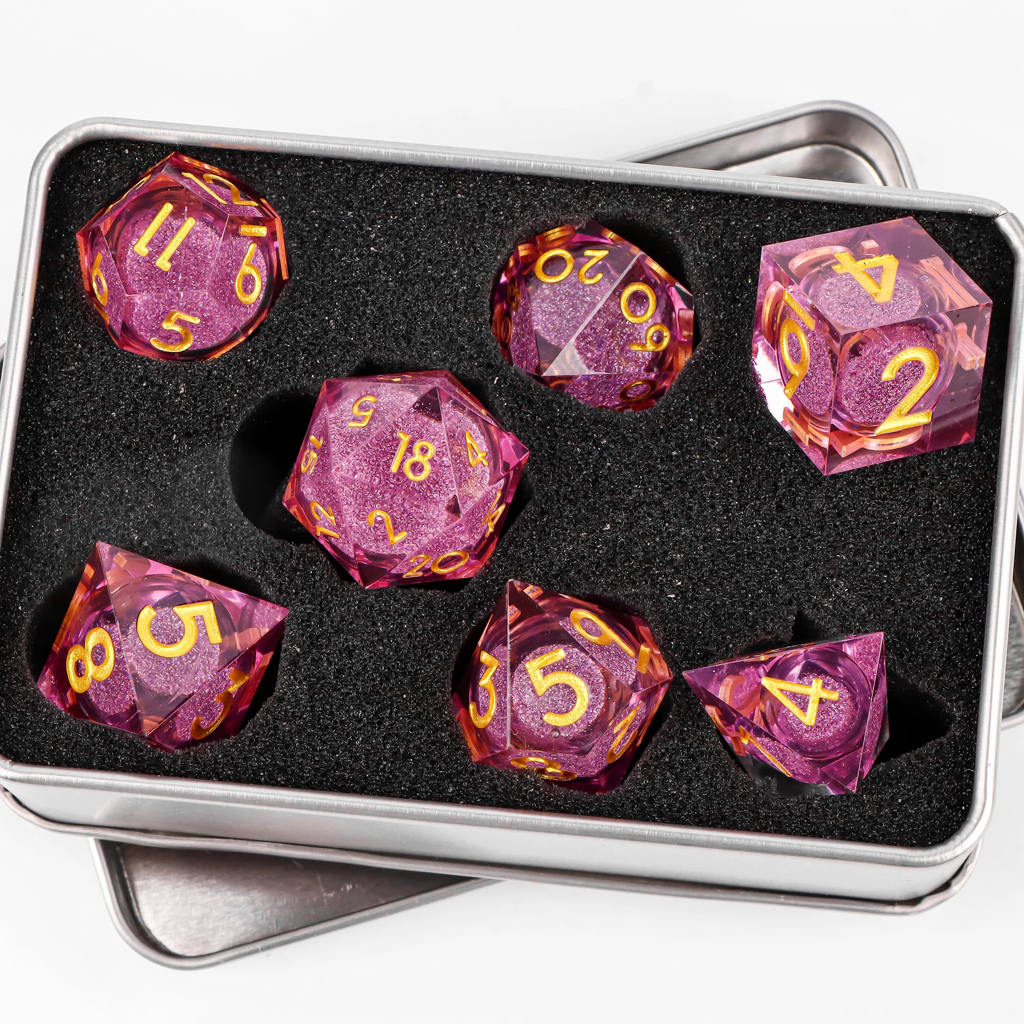 D&D liquid core dice for dungeons and dragons, Liquid core pink dice set for Board games dice, Sharp edge d and d resin dice