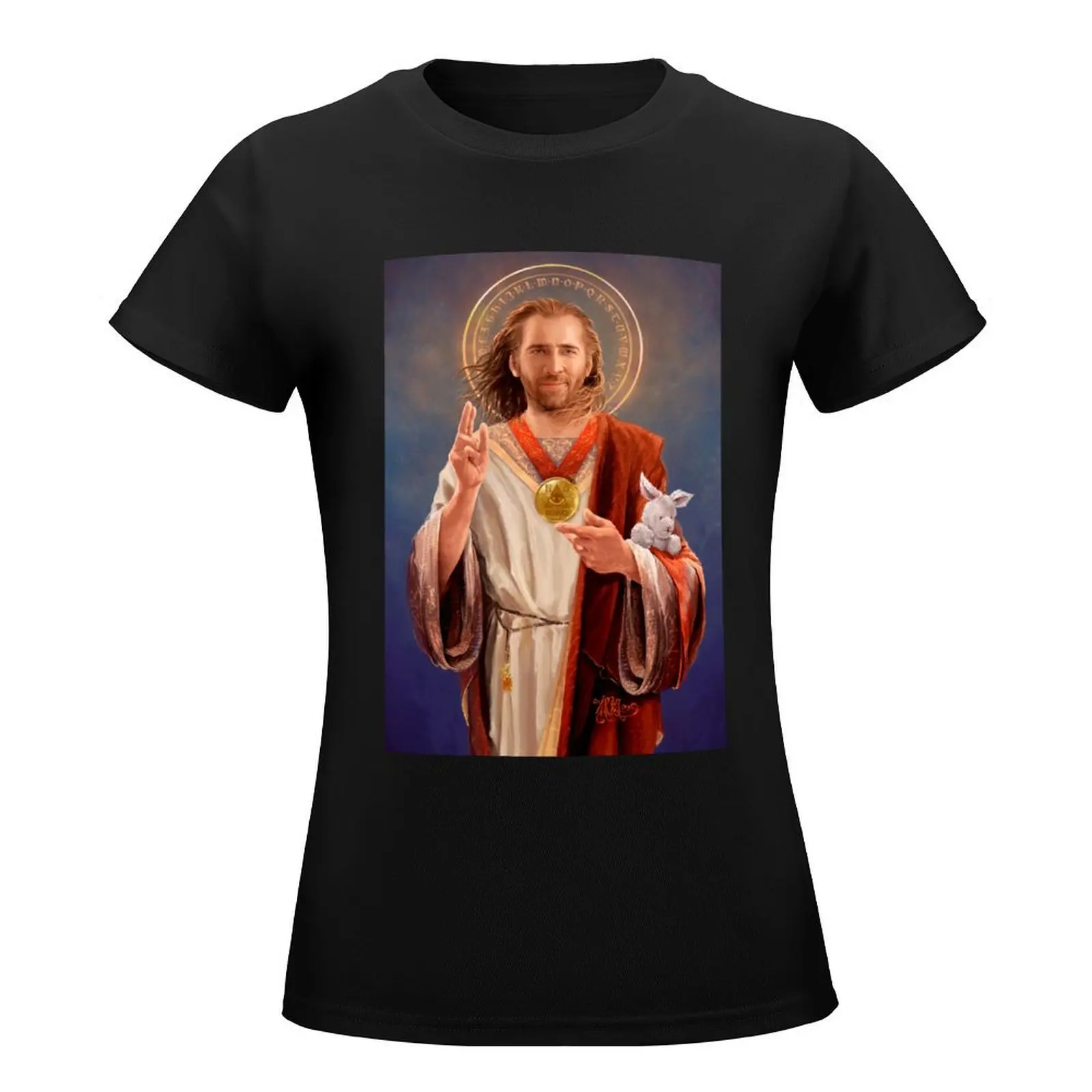 Nicolas Cage Saint Nicolas of Cage - Nic Cage Original Religious Painting T-Shirt tees cute clothes graphic t-shirts for Women