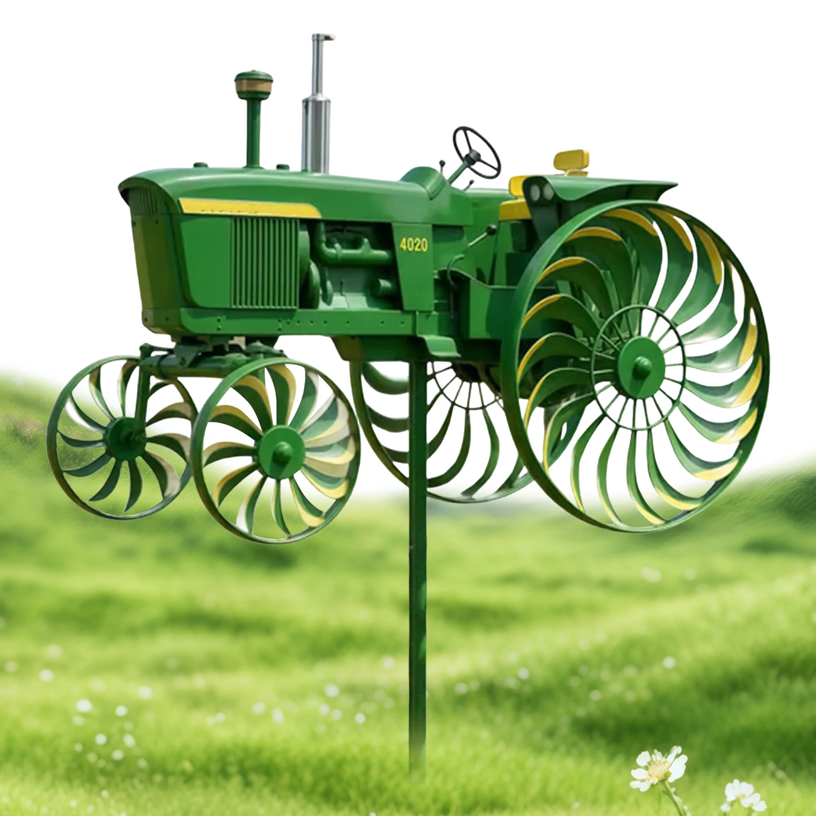 Metal Wind Spinner w/ Rotating Wheels Green Tractor Windmill Stake Wind Sculpture Decorative Unique Outdoor Sculptures Ornaments
