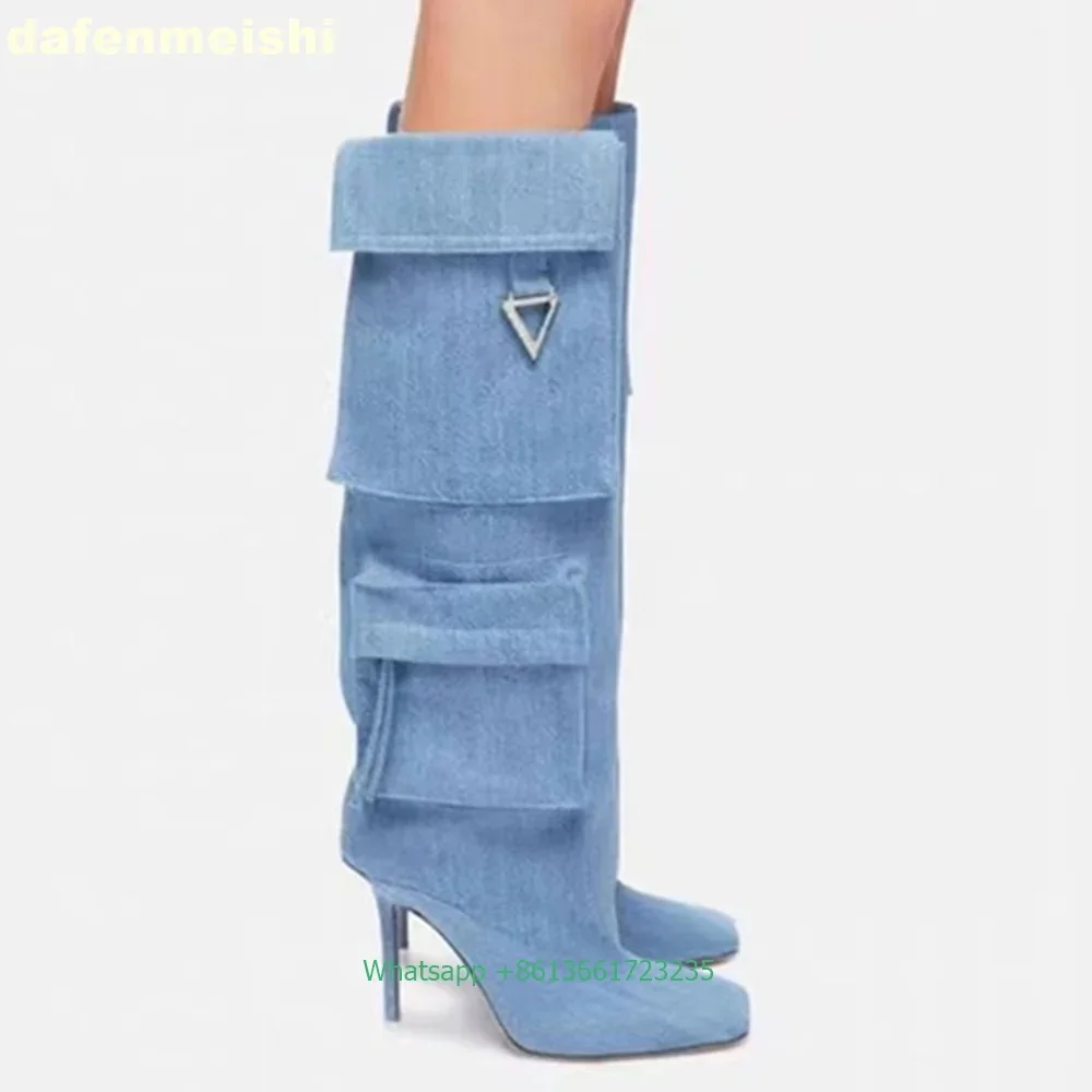 2026 Winter New Style Stiletto Heels Knee-High Boots Square Toe Retro Denim Pocket Cloth Boots Large Size Women's Long Boots