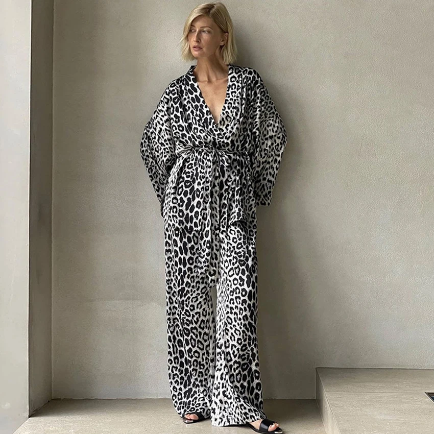 HiLoc Black Leopard Print Fashion Woven Pajamas Two-Piece Long Sleeve V-Neck Wrap-Around Lace-Up Nightgown Elastic Waist Pants