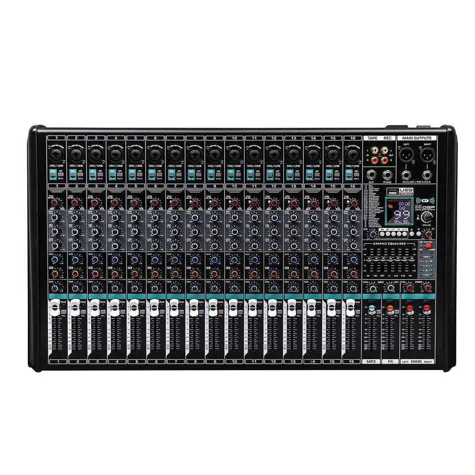 New KM-16 16-Channel DSP Audio DJ Mixer Professional Studio Equipment USB Console for Sound Recording Metal Material Speakers