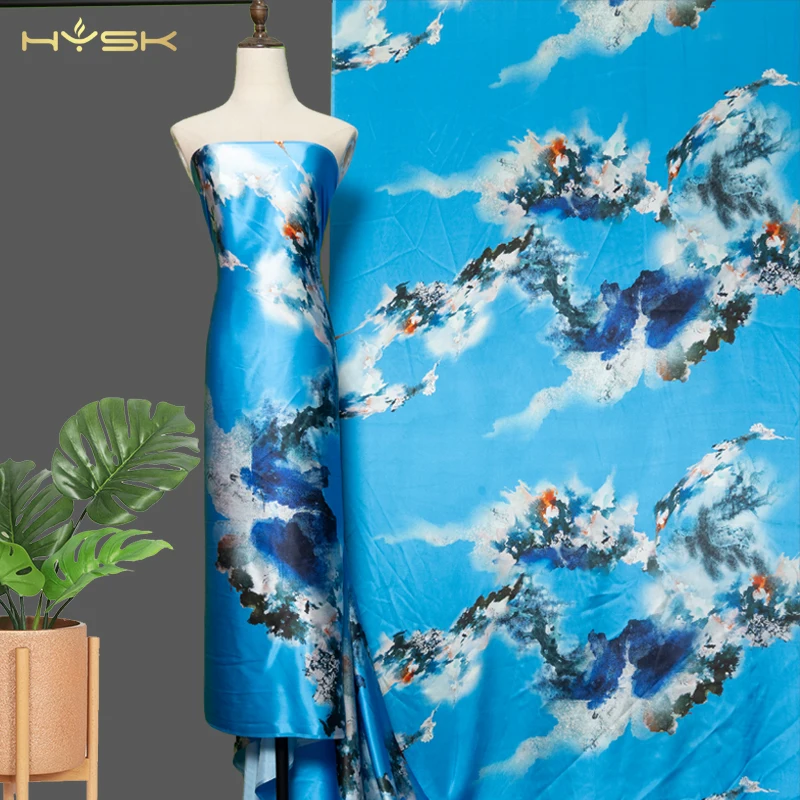 HYSK 100% silk fabric floral charmeuse printed real mulberry digital custom high quality africa printed natural for robes E3035