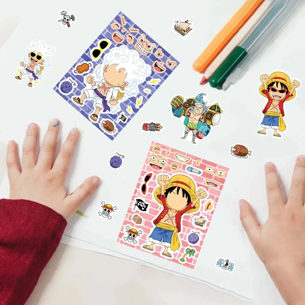8/16/24Sheets One Piece Luffy Children Puzzle Stickers Make-a-Face Assemble Scrapbook, mobile phone, notebook,  party gift - view 3