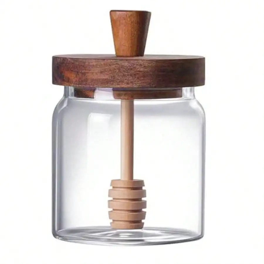

14oz Glass Honey Jar with Dipper & Lid - Round Syrup Dispenser for Kitchen & Bar