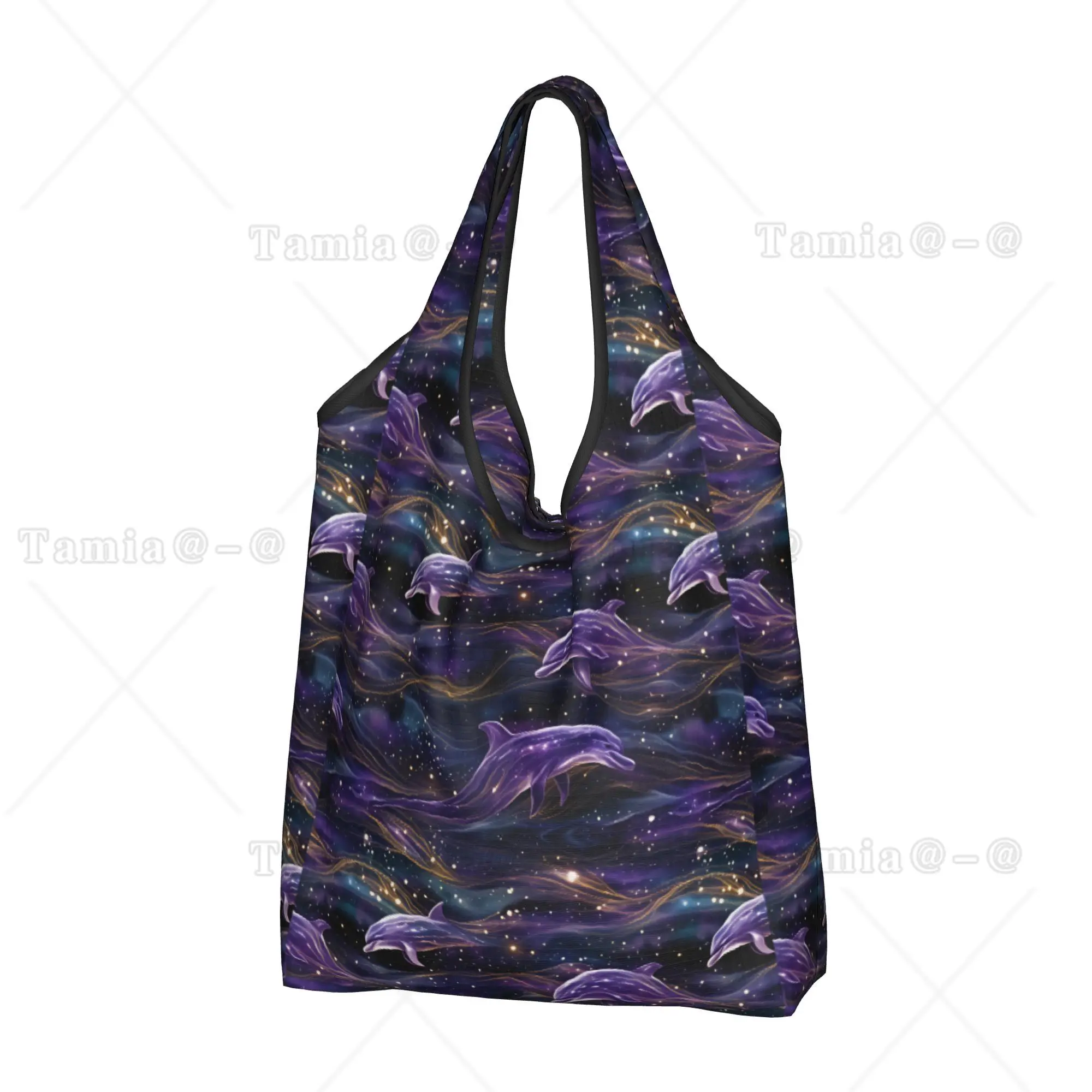Kawaii Purple Dolphins in a Gold Glitter Ocean  Shopping Tote Bags Portable  Groceries Shoulder Shopper Bag