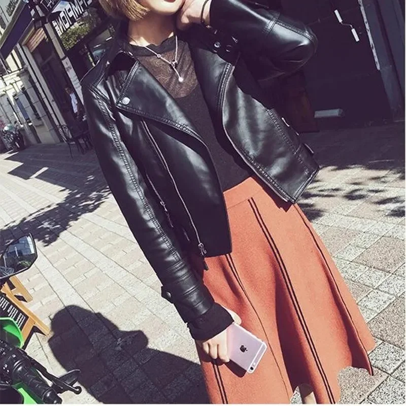 High End Fashion Black Leather Coat Women Spring Autumn Korean Slim Short PU Leather Jacket Female Casual Wild Soft Zipper Tops