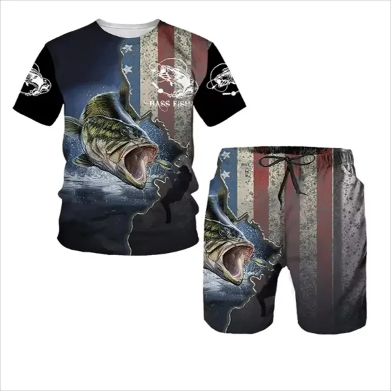 2025 3D Printed Round Neck T-shirt Fashion Loose Sports Men's Outdoor Fishing Shorts 2-piece Set