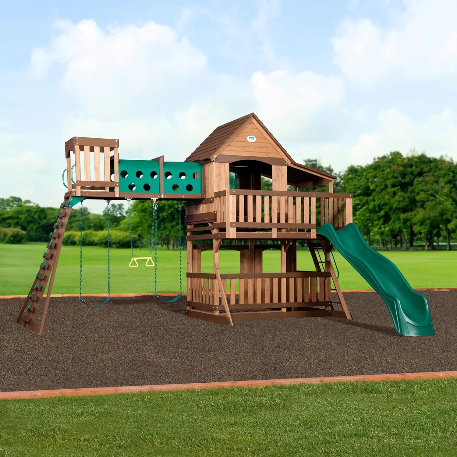 Wood Swing Set, Upper and Lower Deck, Sandbox, Vented Tunnel, Rock Climbing Wall, C