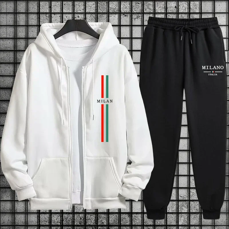 

High Grade Italy Milan Fashion Sportswear Male Casual Sporty Outfit 2025 Hot Sale Men's Tracksuit Zip-up Hoodie Black Sweatpants