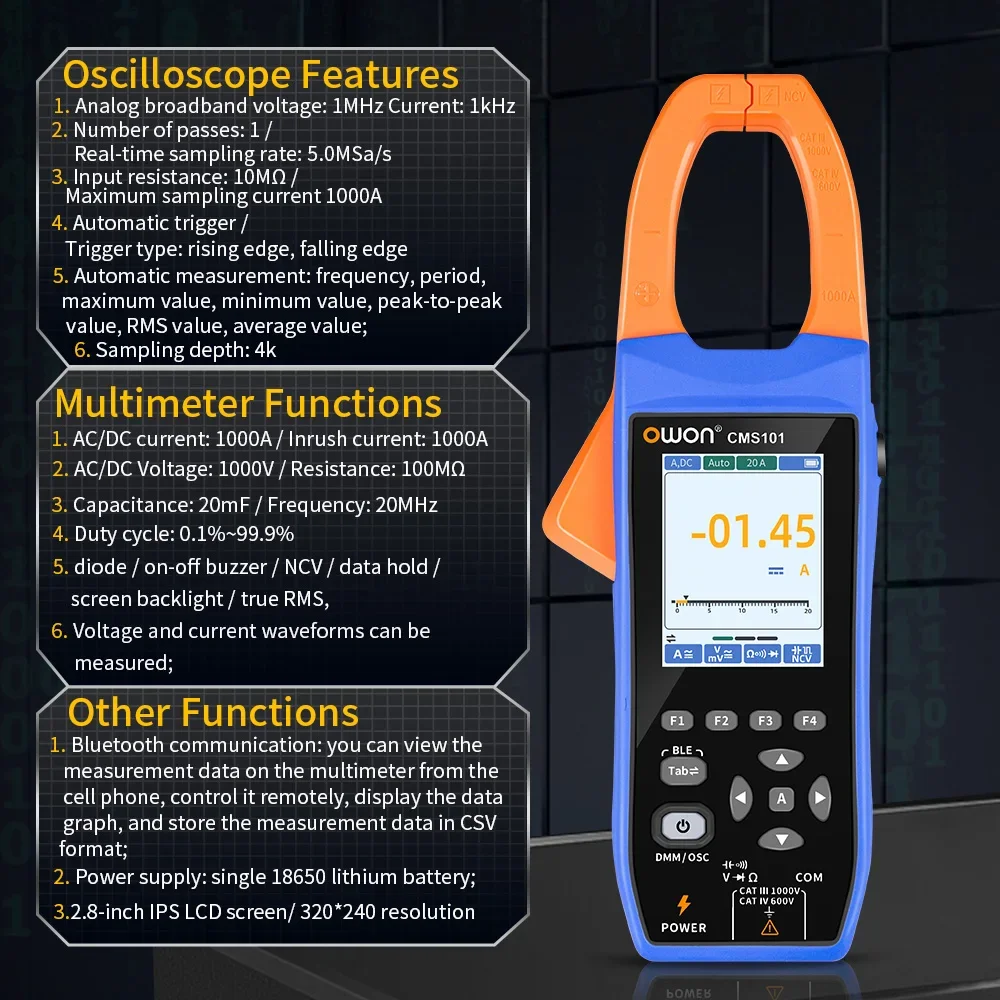 Owon CMS101 1000A AC/DC Amperomierz cęgowy Oscyloskop cyfrowy z rejestratorem Bluetooth Tester wielofunkcyjny