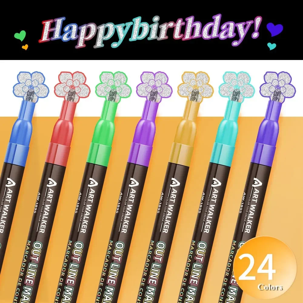 

8/12/24 Colors Outline Marker Pen Set 2.0mm Double Line Pen Metallic Highlighter for Journal Planner School Supplies Art Drawing