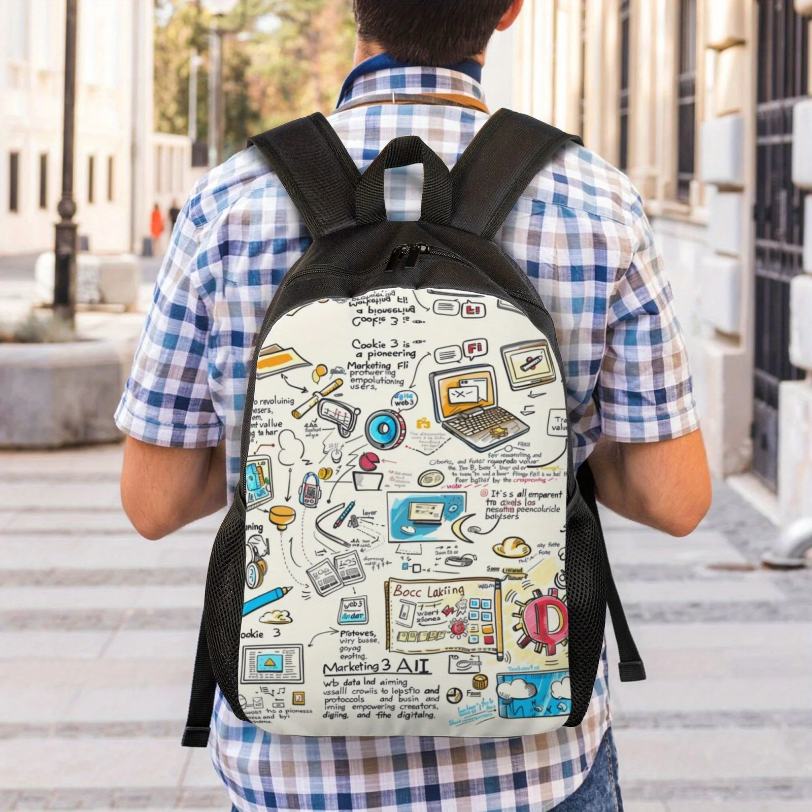 Hand drawn pattern on the front, lightweight and adjustable black backpack