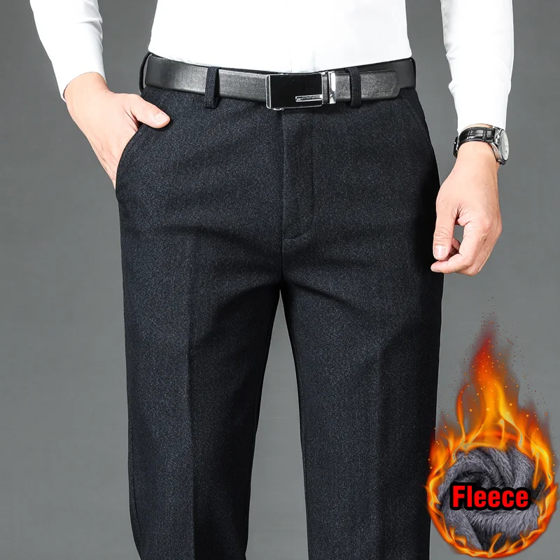 Winter Men's Fleece Warm Business Casual Pants High Quality Straight Thick Stretch Trousers Male Navy Brand Clothing