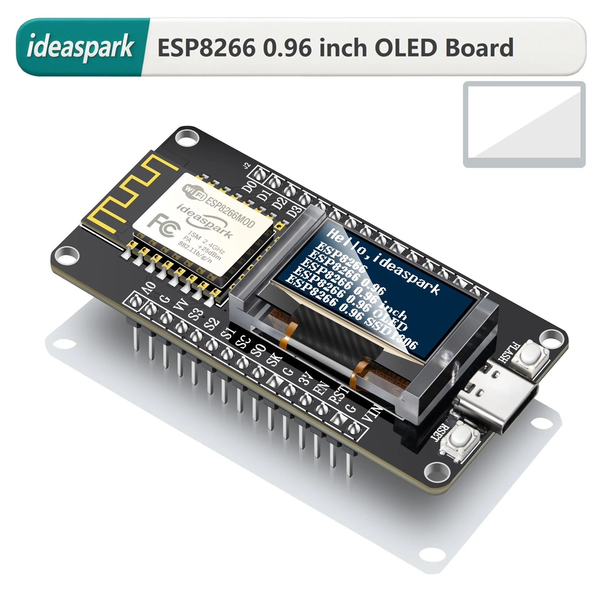 ideaspark ESP8266 Entwicklungsboard NodeMCU mit 0,96 Zoll OLED-Display, Displayschutzgehäuse, CH340, WLAN Wireless TypeC Modul