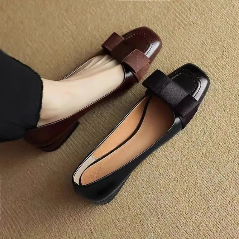Female Special Offer Soft Leather Square Head High Heels Shoes Loafers Women's 2026 New Knot Thick Heel Versatile Single Pumps image 6