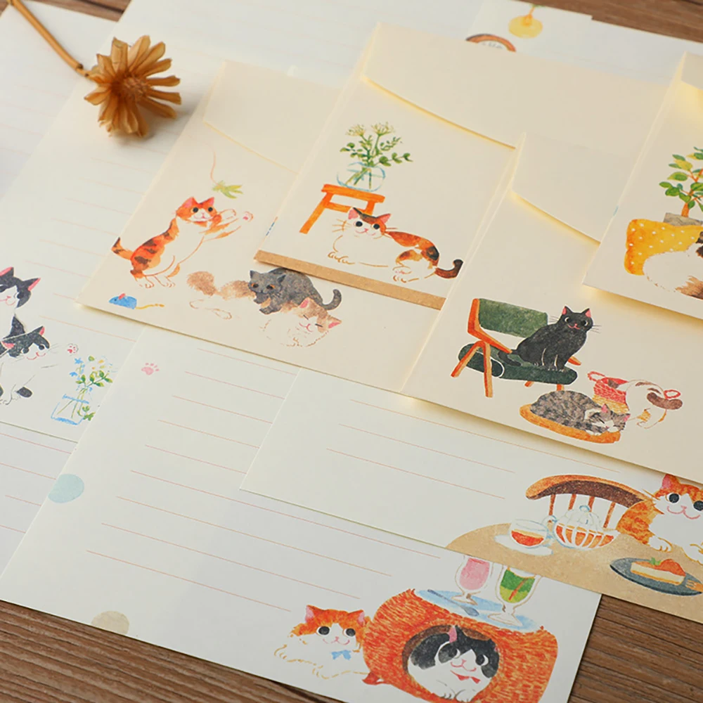 A set of 36 letter writing sets with cats as the theme, including 24 thread draft letters and 12 matching envelopes