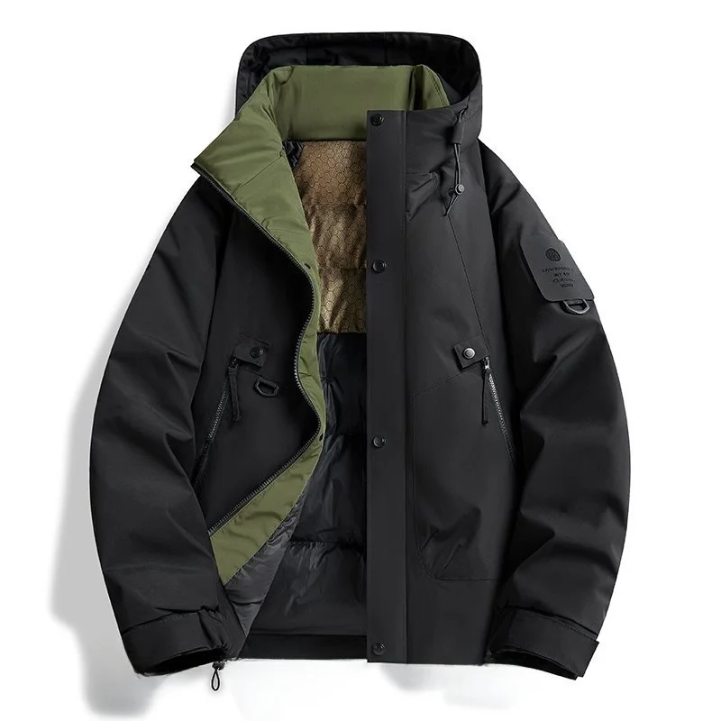 

Утепленная хлопковая куртка с капюшоном, водонепроницаемая, с нашивками, новая, теплая, мужская, повседневная, модная, короткий рукав