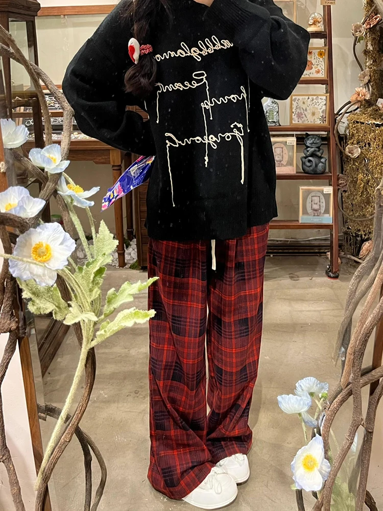 High Waist Draped Loose Casual Plaid Pants Women's New Style Spring 2025 Red Retro Fleece Wide Leg Trousers Commute Style