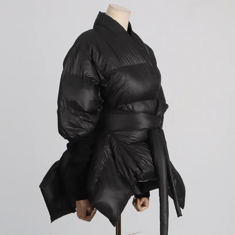 Cappotto di media lunghezza in cotone con cravatta in vita slim fit moda donna autunno nero