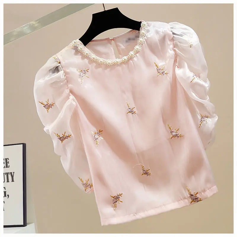 Summer Women Retro Beaded Embroidery Blouse Elegant Fashion Gauze Puff Sleeve Shirt Female O Neck Chic Sweet Tops Casual Blusas