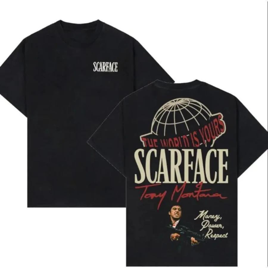 Scarface Reversible T-Shirt - The World Belongs to You: Tony Montana's Iconic Image Men's Casual Crew Neck T-Shirt Y2K