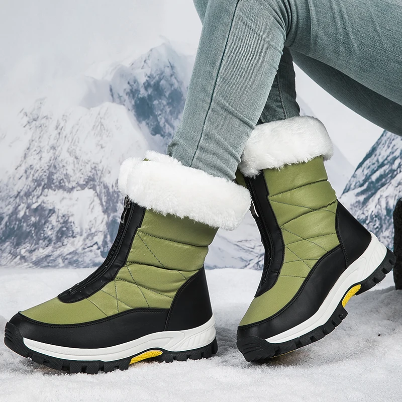 

Waterproof Winter Boots for Women New Army Green Fur Long Platform Snow Boots Warm Cotton Shoes Warm Plush Ankle Boots Botas