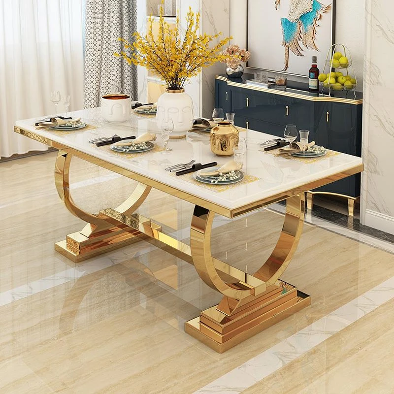 White Luxury Kitchen Table With Marble Rectangle Stable Gold Plated Unique Stainless Steel Frame Dining Table Chairs Combination