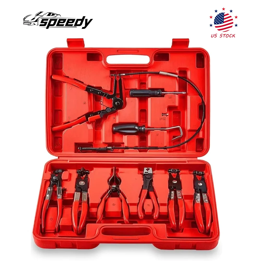 赤色のフレキシブル自動車用ホースクランプクリッププライヤーツールセット、スイベルジョー、フラットアングルバンド