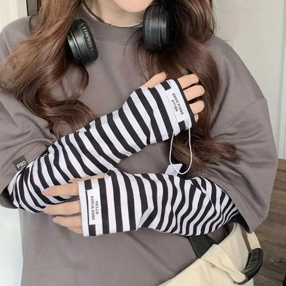 Y2k Color Strip Ice Arm Sleeve Long Loose UV Protection Arm Gloves Harajuku Stripe Anti-sunburn Ice Silk Sleeves Summer