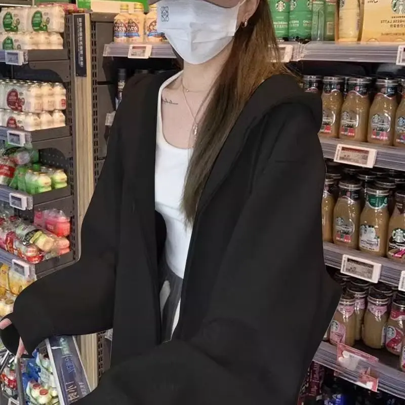 Solid Color Hooded Sweatshirt Women's Autumn Winter Loose Slim Lazy Style Casual Zipper Top Plush Jacket