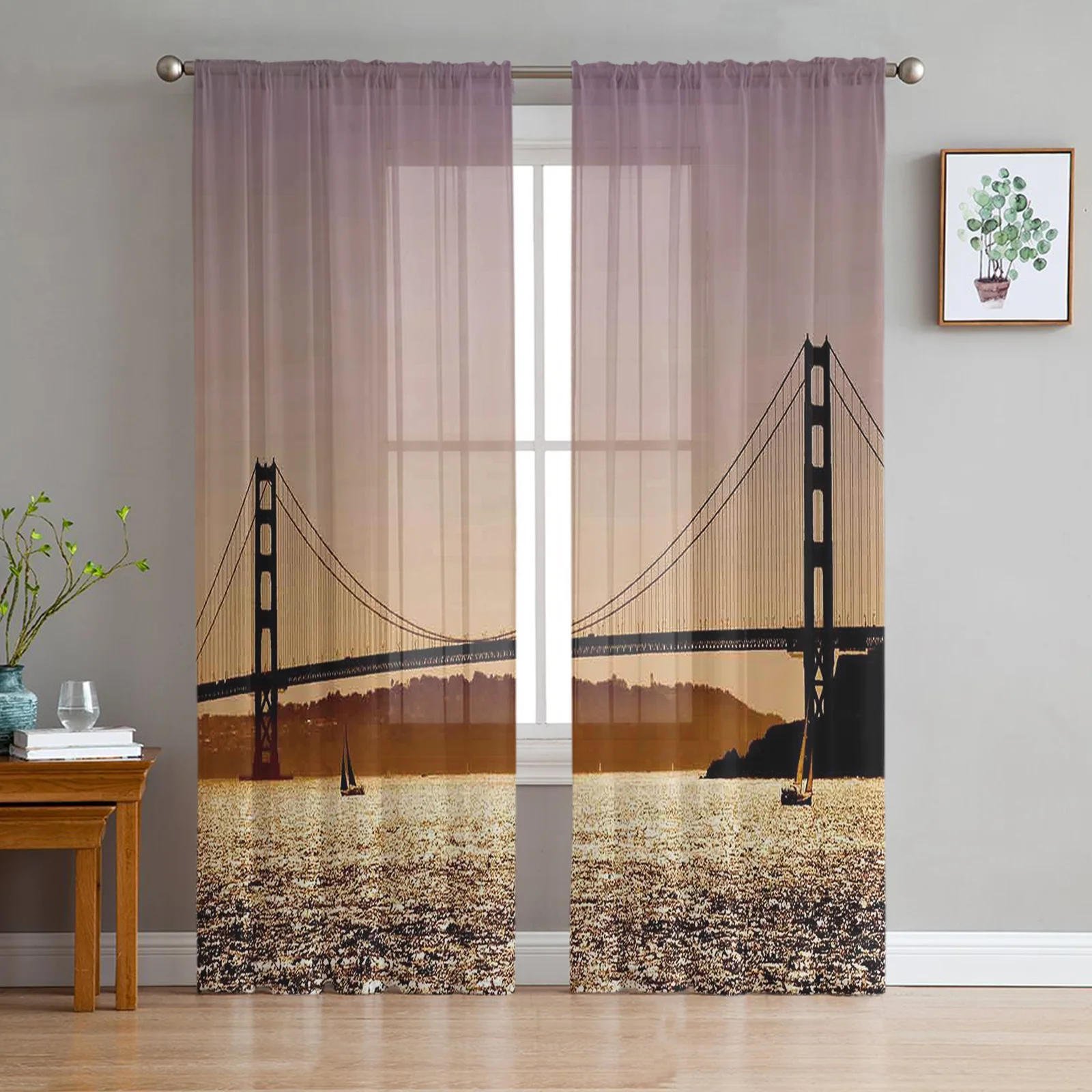 Golden Gate Bridge Sunset Tulle Sheer Curtains for Living Room Home Kitchen Decor Window Curtains Hotel Bedroom Voile Drapes