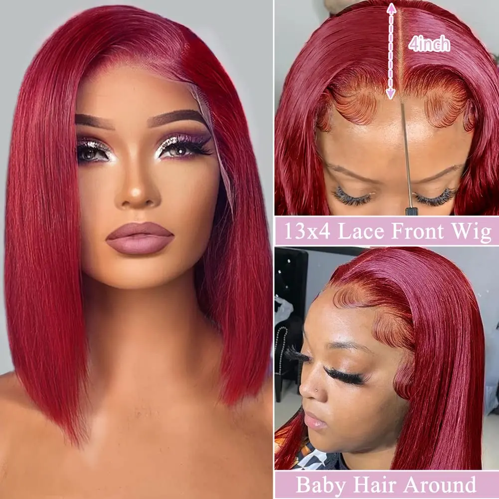 

Wine Red Short Bob Wigs Human Hair 100% Brazilian Hair Pre Plucked Lace Bob Wig 99J Burgundy 13X4 Lace Frontal Wigs For Women