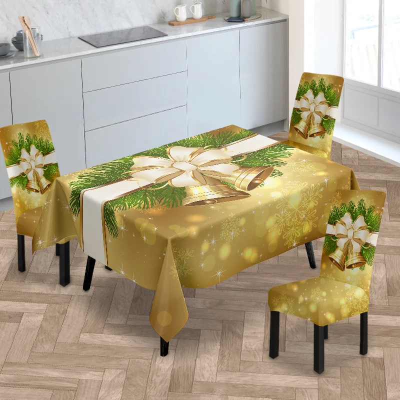 Christmas Pine Needles Bells Rectangular Tablecloth Kitchen Accessories Family Wedding Party Decoration (without Chair Covers)