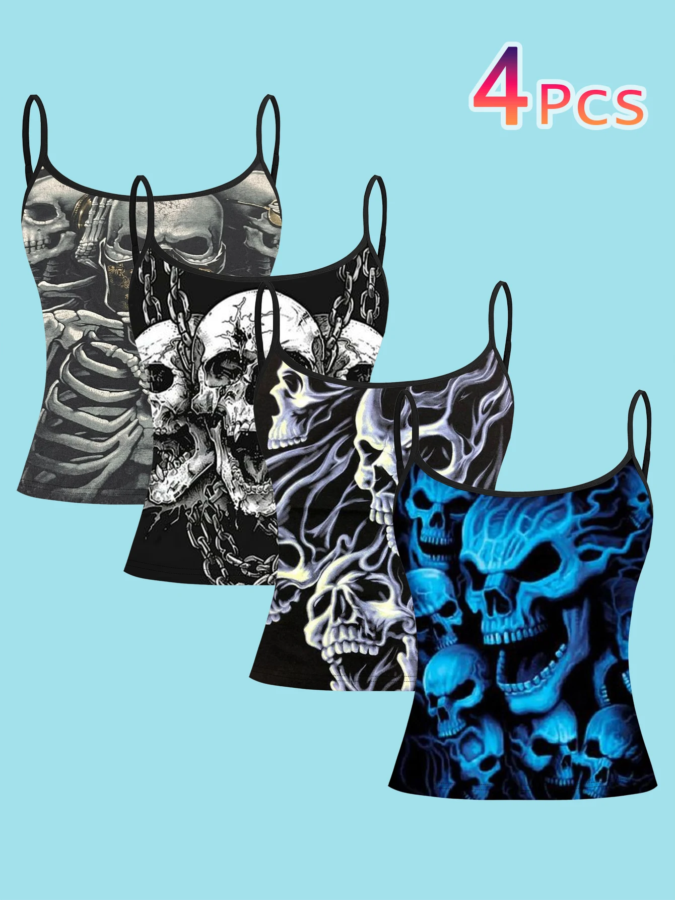 4-Piece Set of Flame Skull Skeleton Camisole Set, Heavy Metal Style Black and Blue Pattern Women's Spaghetti Strap Inner Wear