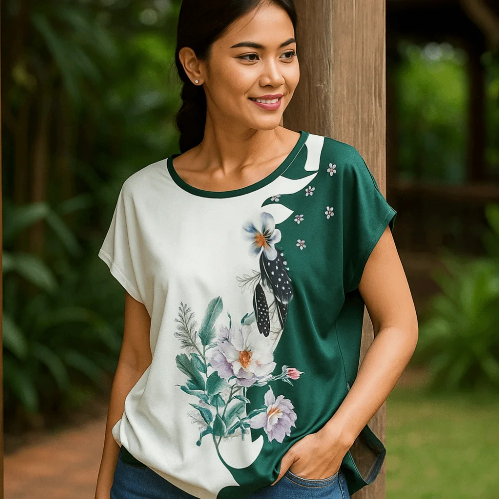เสื้อผ้าสไตล์วินเทจพิมพ์ลายดอกไม้ คอทรงกลม ผ้าไหมซาตินหลวมสบายสำหรับผู้หญิง เสื้อยืดแขนสั้น 3 ขนาด