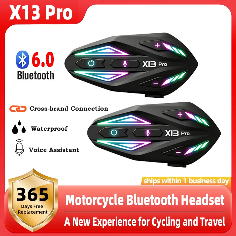 X13 Pro Motorradhelm-Intercom-Headset Bluetooth 6.0 Sprachassistent Geräuschreduzierung IPX6 Wasserdicht Akku mit großer Kapazität