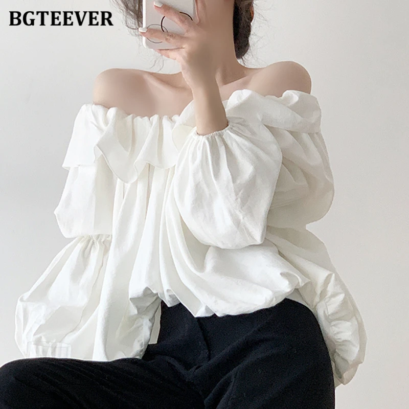 BGTEEVER Elegant Slash Neck Ruffles Blouses Women Long Sleeve Loose Pullovers Ladies White Shirts Autumn Blusas